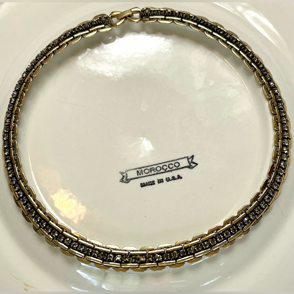 60s Vintage Gold Tone Chain Necklace Costume Collar Length Rhinestone Heavy Link